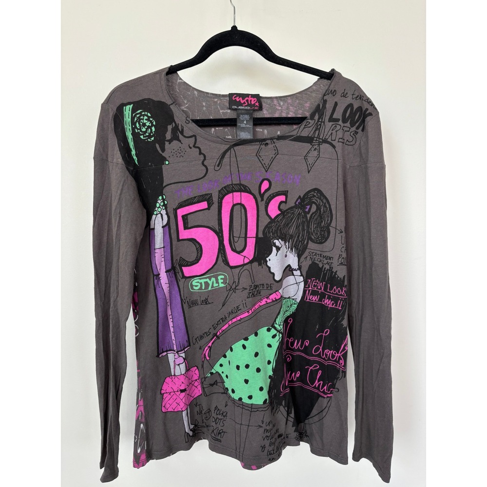 Custo Barcelona 50s Style Graphic Long Sleeve Tee Grey Pink Green Size 4